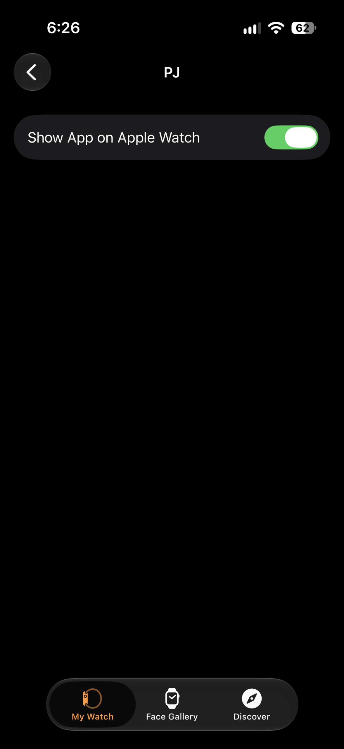 The iPhone Watch app showing PJ, ready to install on the watch