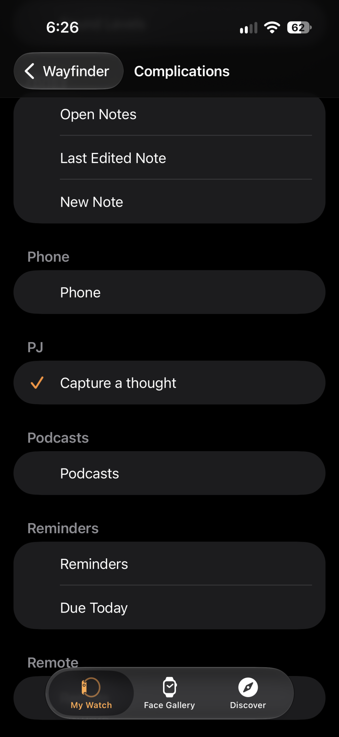 The Capture a thought complication under PJ in the Apple Watch face settings