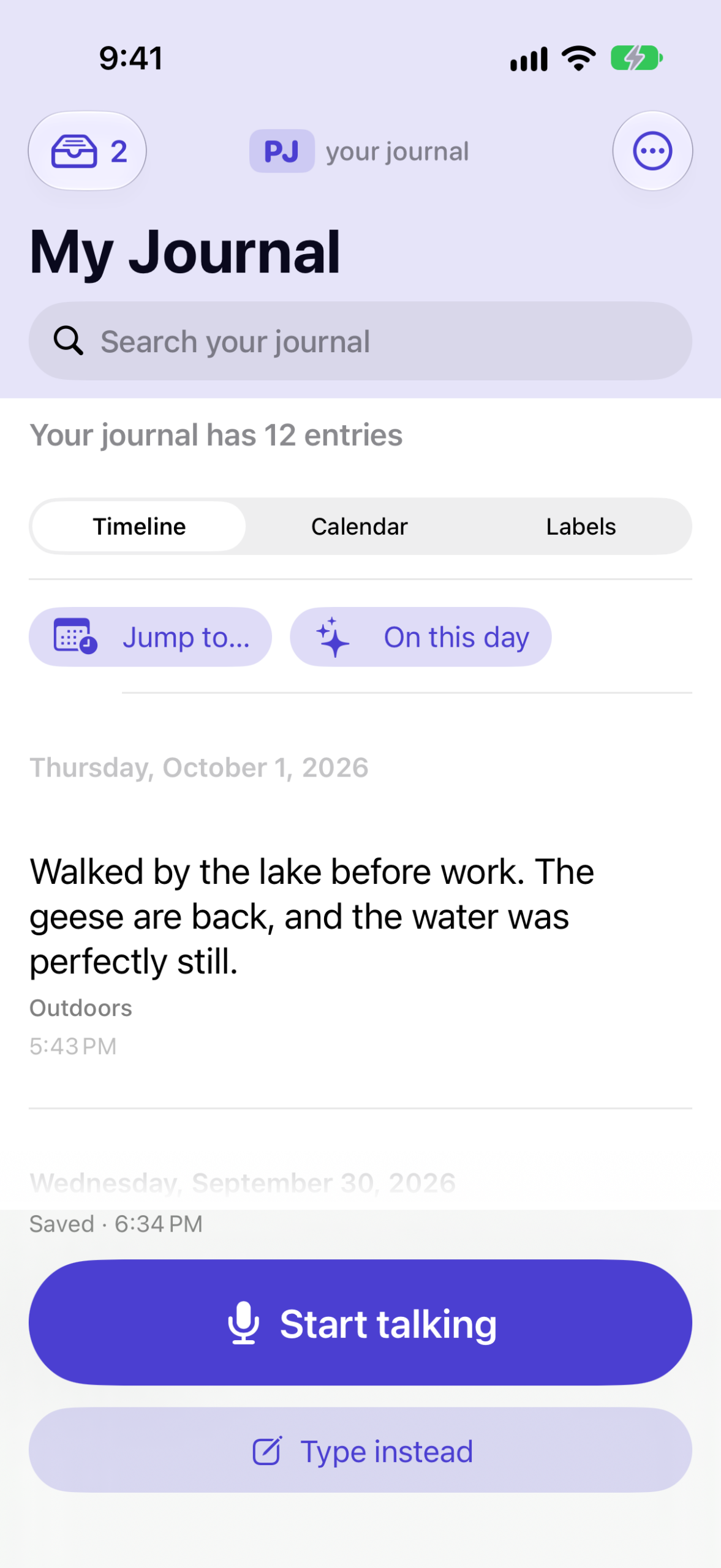 PJ on iPhone — your journal, with Start talking and Type instead