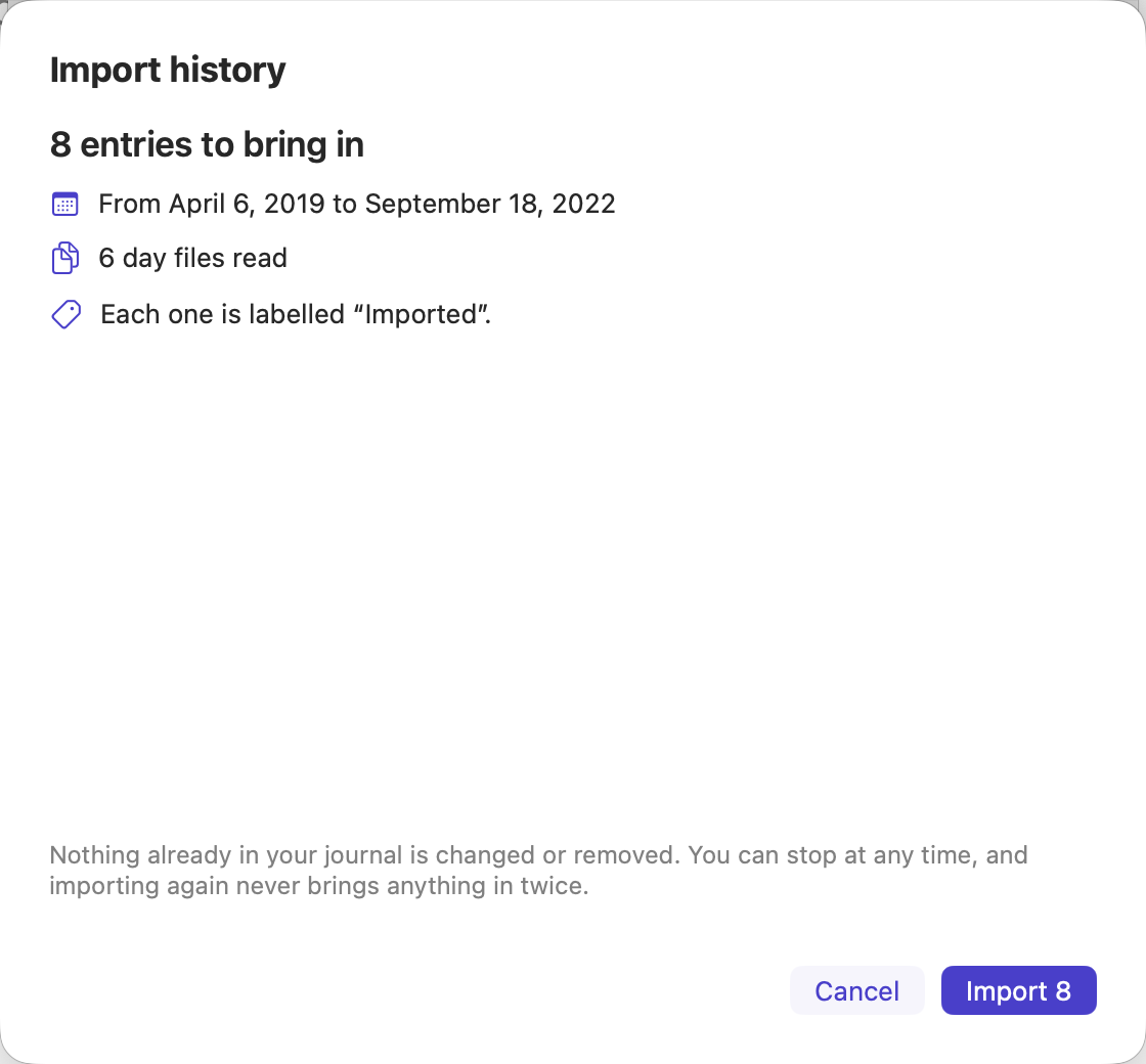 Mac Import history preview — number of entries and the date range