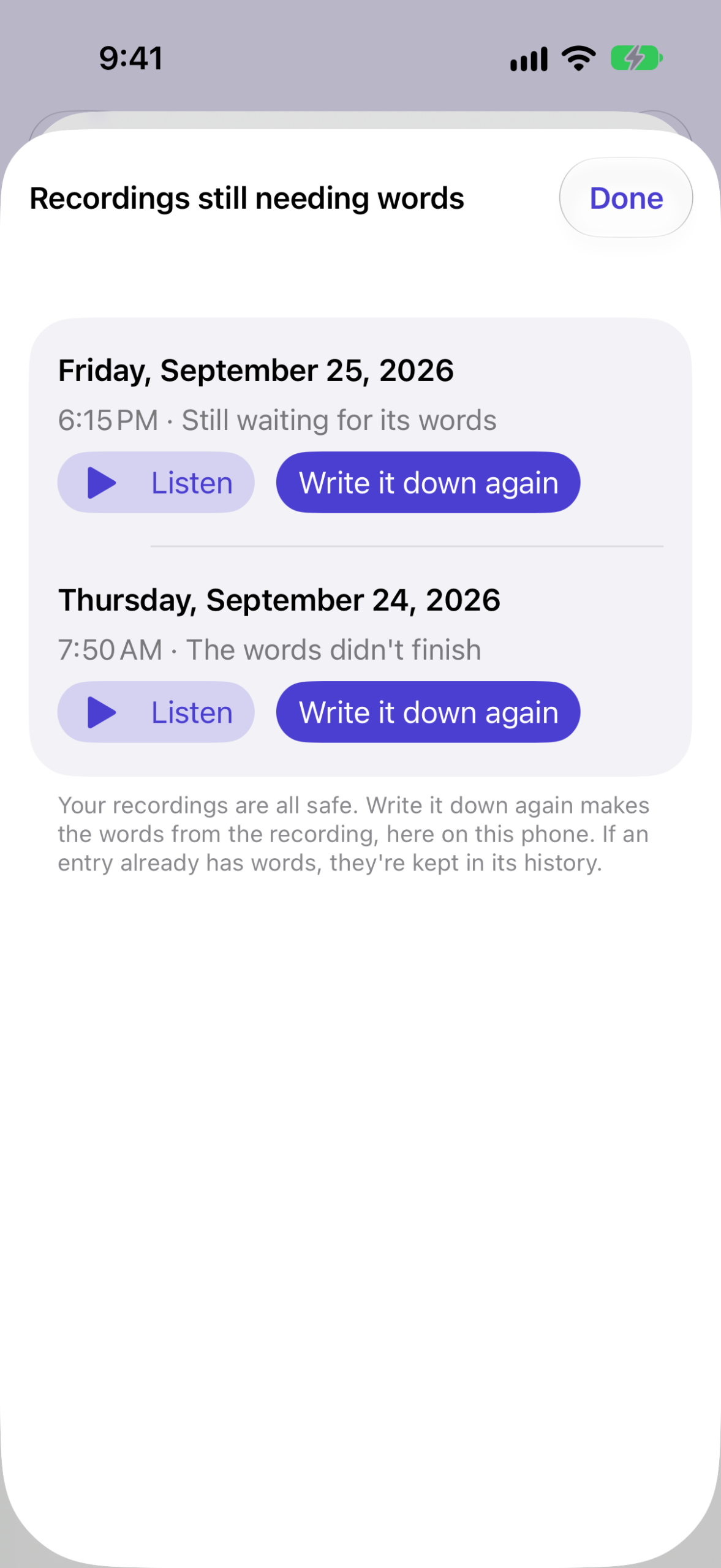 The Recordings still needing words list, each with Listen and Write it down again