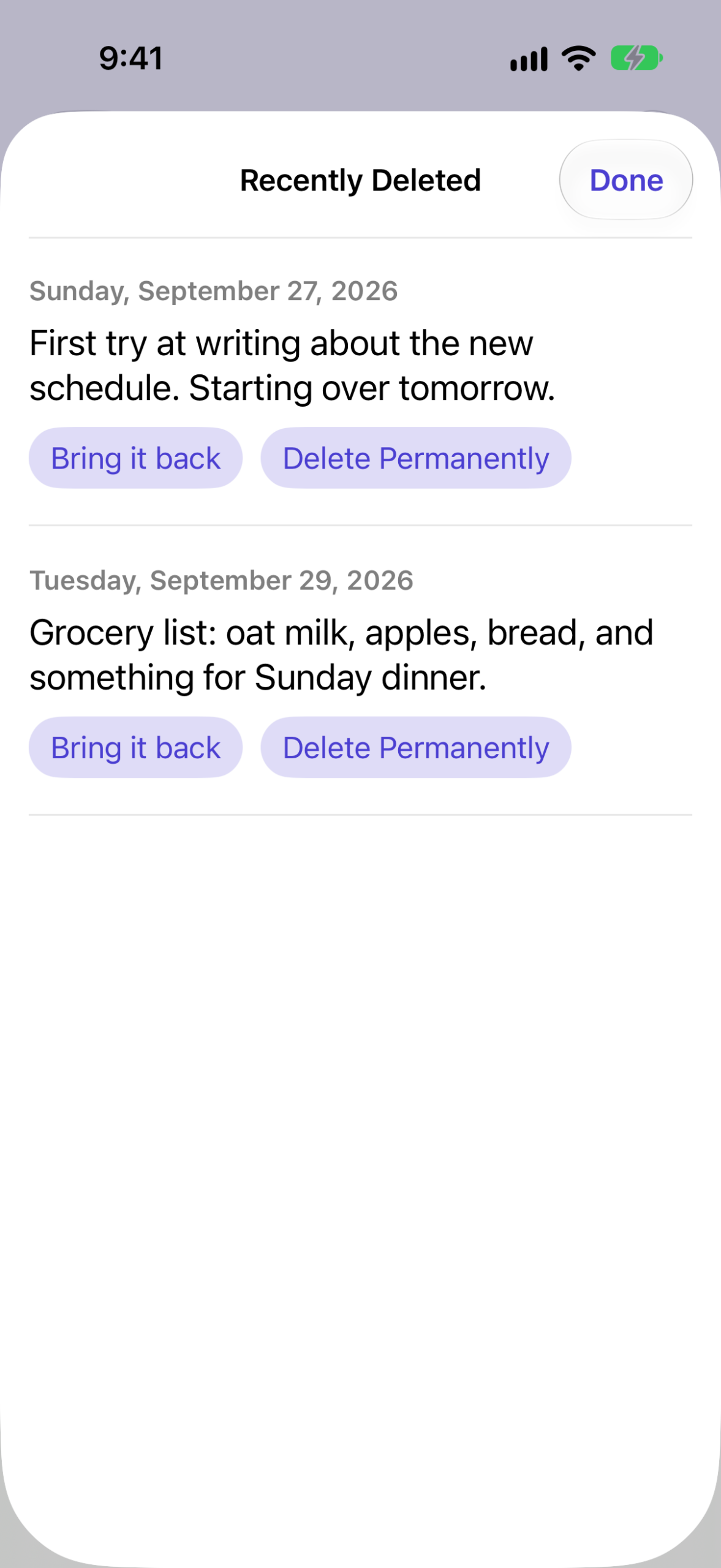 Recently Deleted, each entry with Bring it back and Delete Permanently