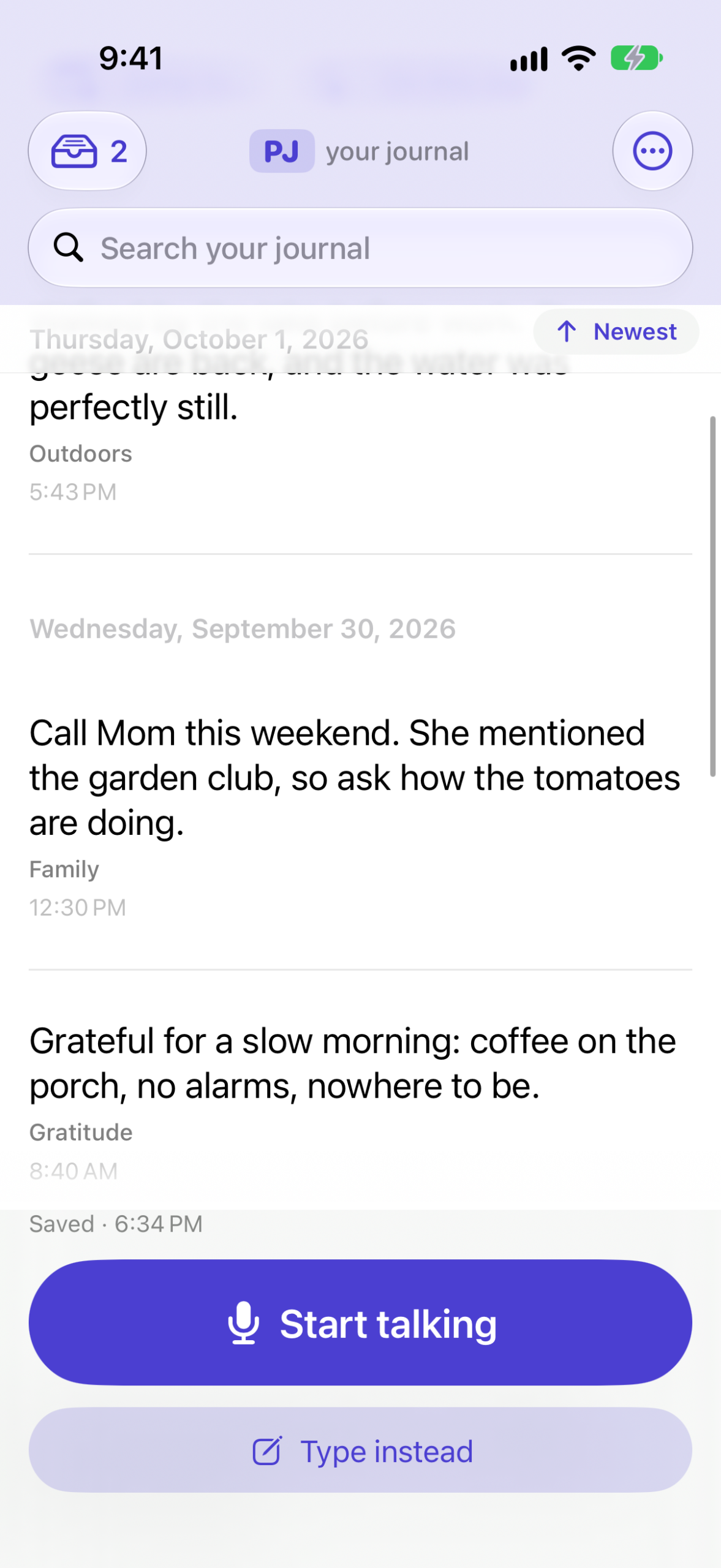 PJ timeline with a pinned day header and the Newest chip
